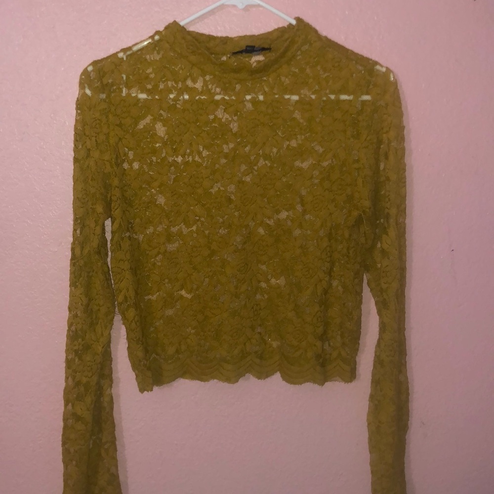 cute see through mustard color flowered shirt !!